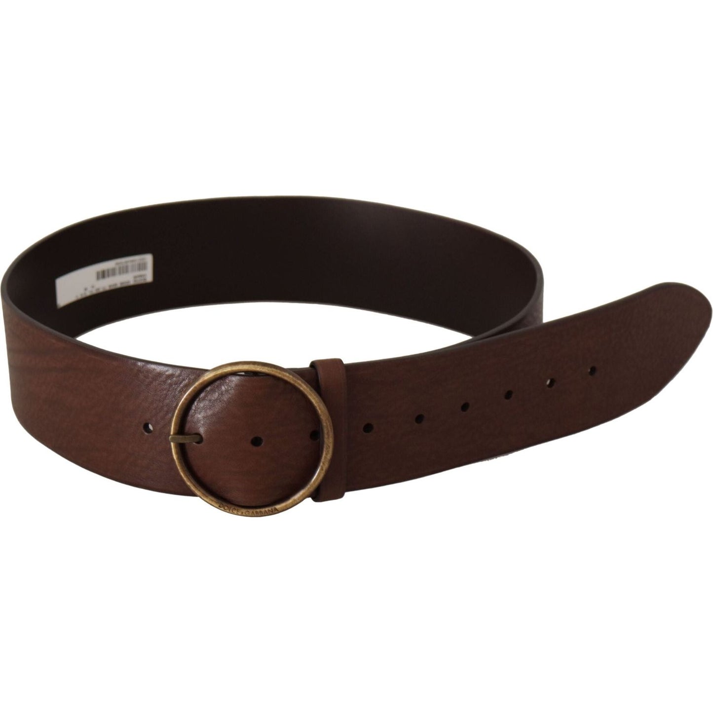 Dolce & Gabbana Elegant Brown Leather Belt with Engraved Buckle brown-leather-wide-waist-logo-metal-round-buckle-belt