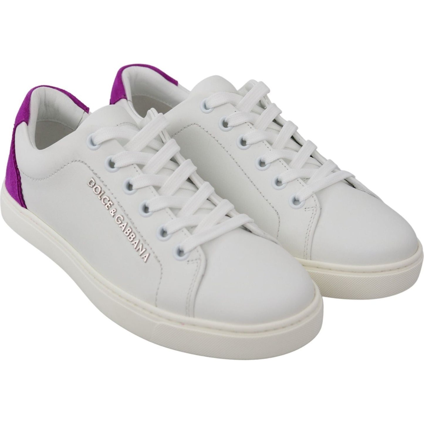 Dolce & Gabbana Chic White Leather Sneakers with Purple Accents WOMAN SNEAKERS white-purple-leather-logo-womens-shoes IMG_9744-a21dbae0-82d.jpg