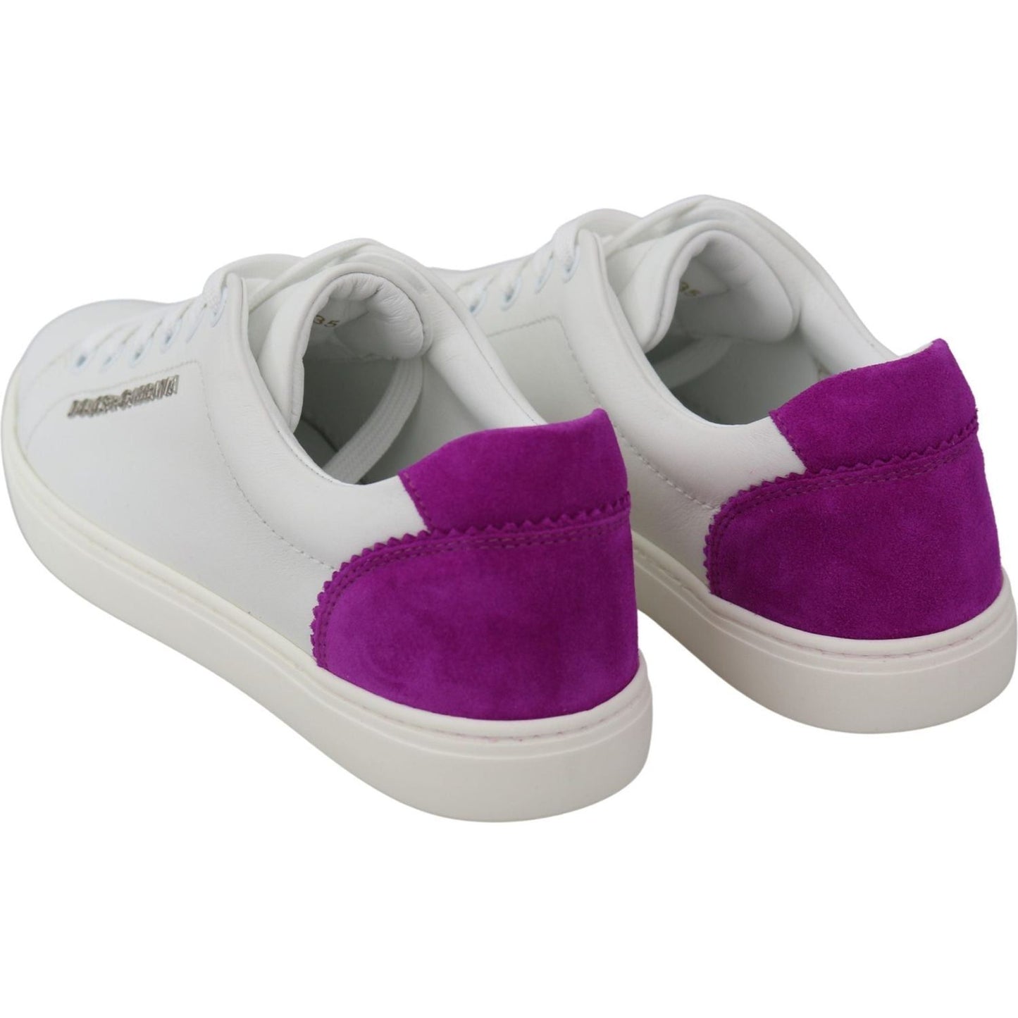 Dolce & Gabbana Chic White Leather Sneakers with Purple Accents WOMAN SNEAKERS white-purple-leather-logo-womens-shoes IMG_9745-scaled-ed9bc8a4-a17.jpg