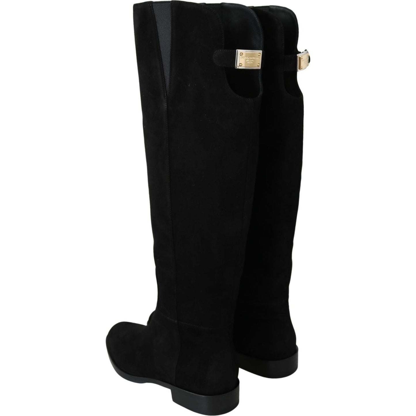 Dolce & Gabbana Elegant Black Suede Knee High Boots black-suede-knee-high-flat-boots-shoes