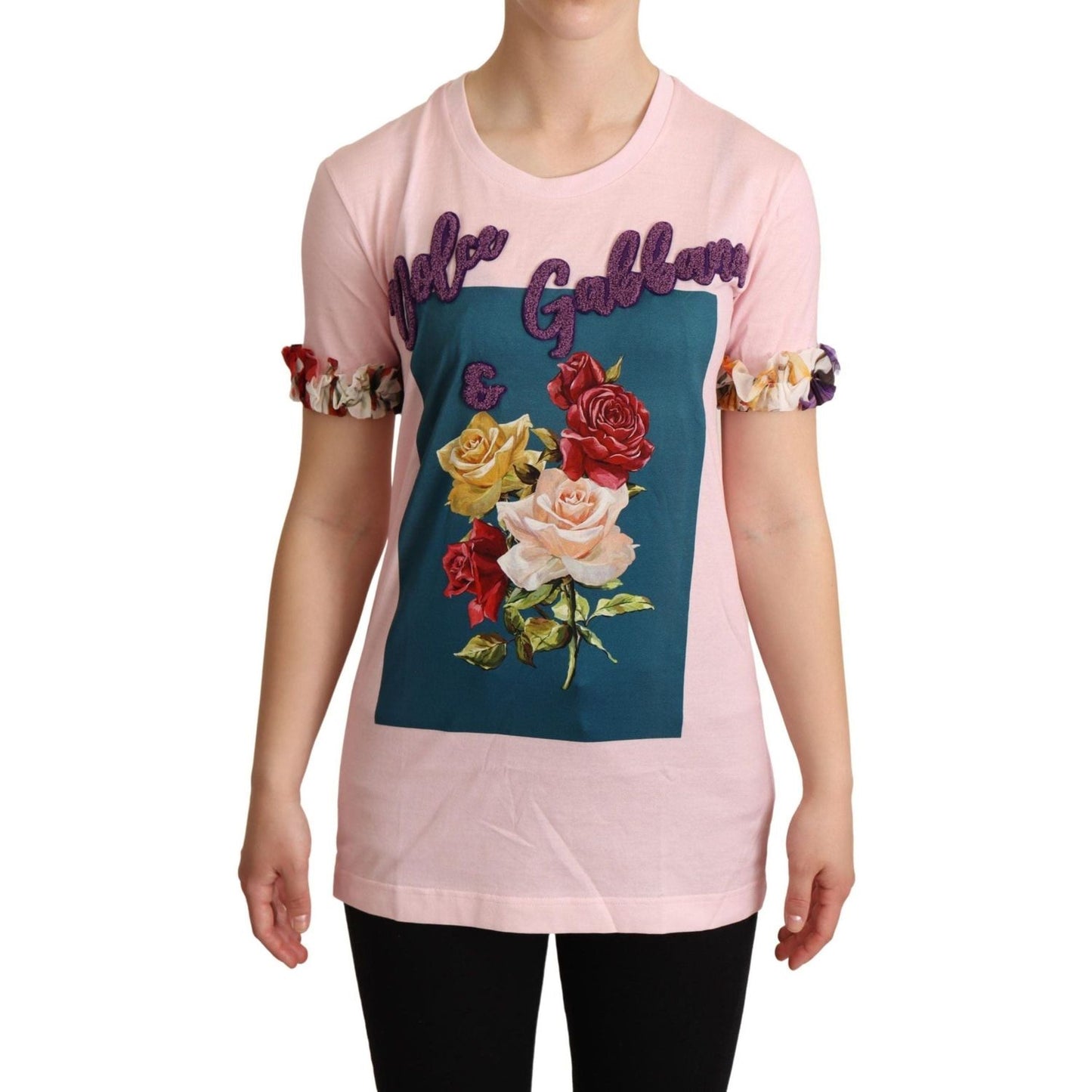 Dolce & Gabbana Elegant Floral Rose Applique T-Shirt WOMAN T-SHIRTS pink-cotton-floral-roses-crewneck-t-shirt IMG_9784-scaled-6619329a-9eb.jpg