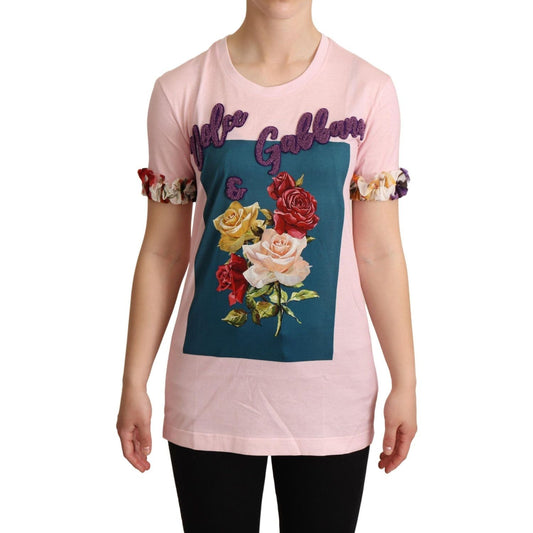 Dolce & Gabbana Elegant Floral Rose Applique T-Shirt pink-cotton-floral-roses-crewneck-t-shirt WOMAN T-SHIRTS IMG_9784-scaled-6619329a-9eb.jpg