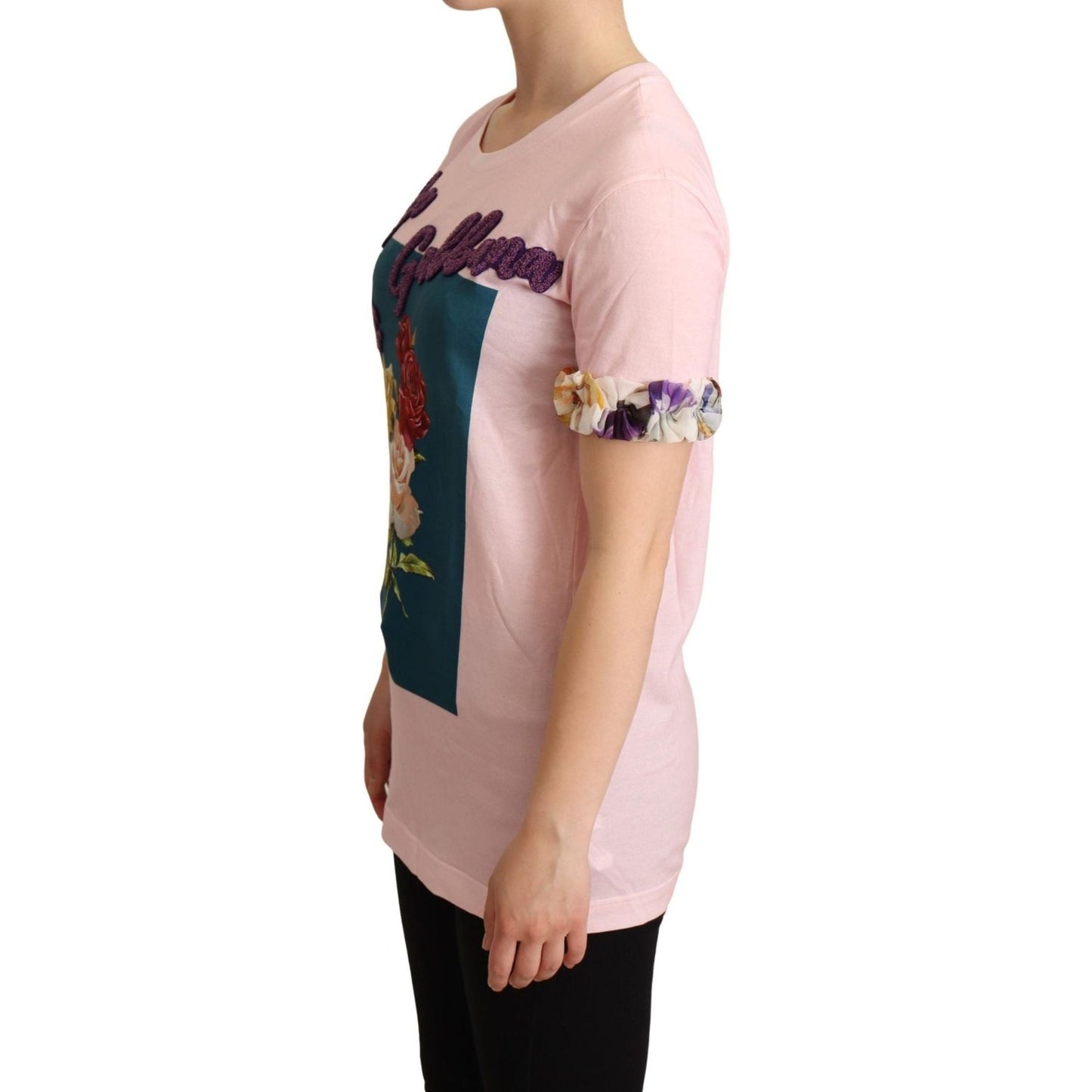 Dolce & Gabbana Elegant Floral Rose Applique T-Shirt WOMAN T-SHIRTS pink-cotton-floral-roses-crewneck-t-shirt
