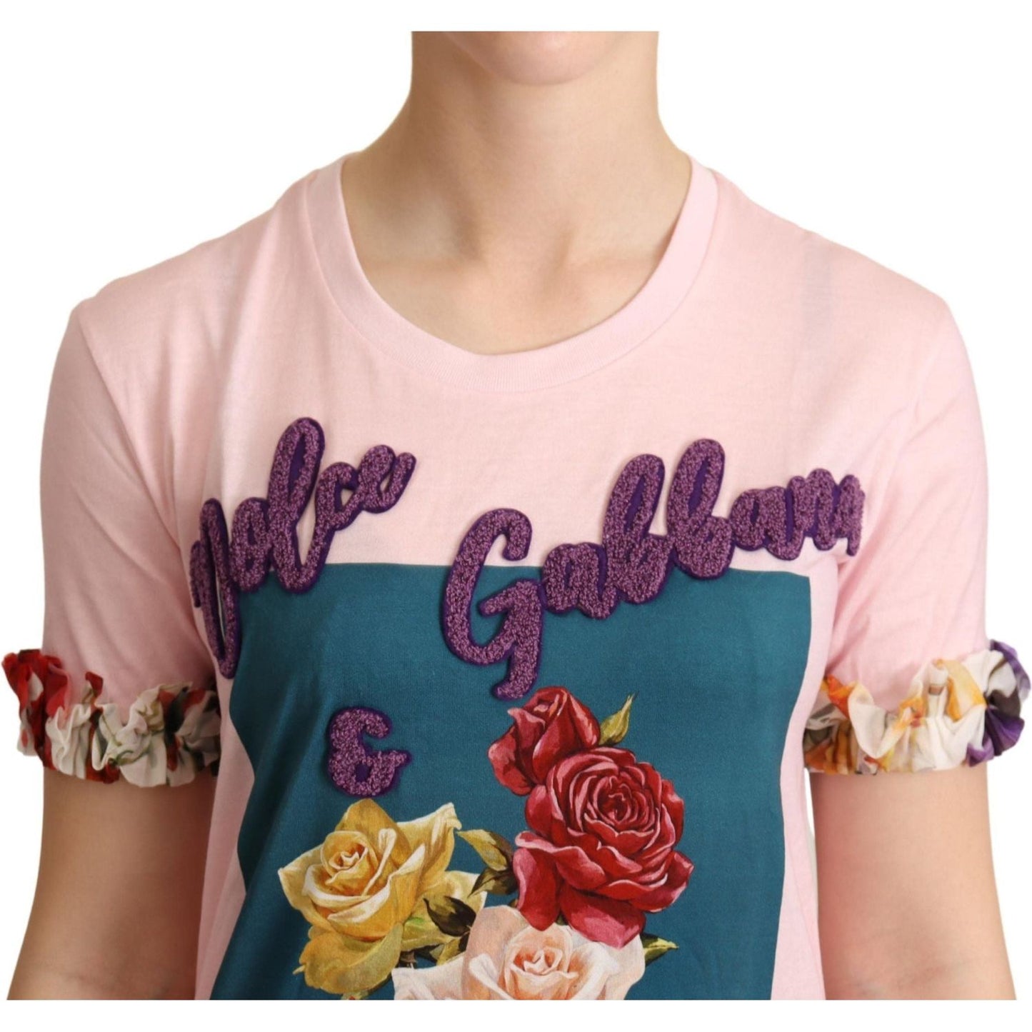 Dolce & Gabbana Elegant Floral Rose Applique T-Shirt WOMAN T-SHIRTS pink-cotton-floral-roses-crewneck-t-shirt IMG_9787-scaled-5517abbb-afb.jpg