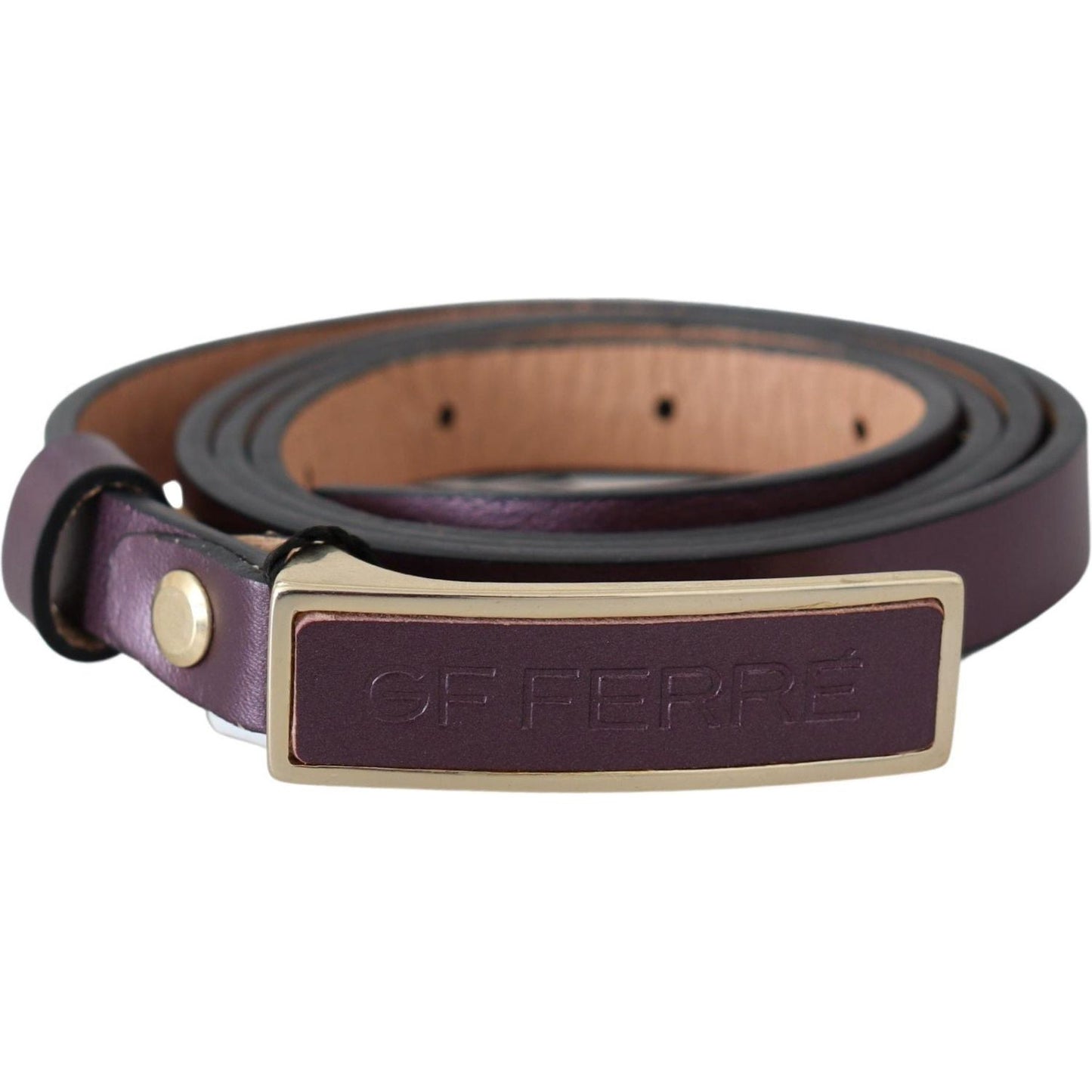 GF Ferre Elegant Maroon Leather Belt with Gold-Tone Buckle Belt gold-logo-buckle-waist-leather-skinny-belt