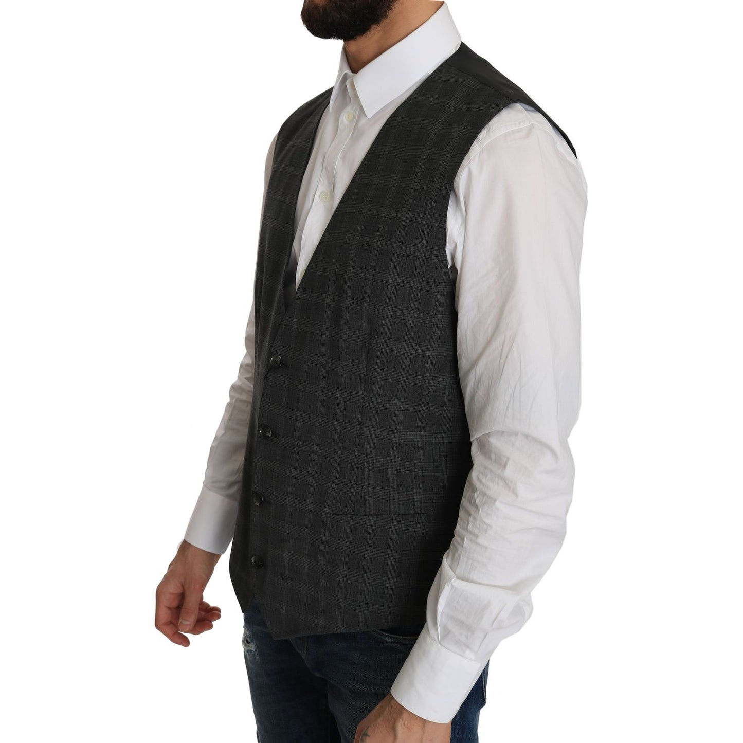 Dolce & Gabbana Elegant Checkered Wool Vest for the Urbane Man gray-wool-staff-checkered-stretch-vest