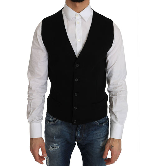 Dolce & Gabbana Sleek Black Cotton Formal Vest black-cotton-dress-woven-waistcoat