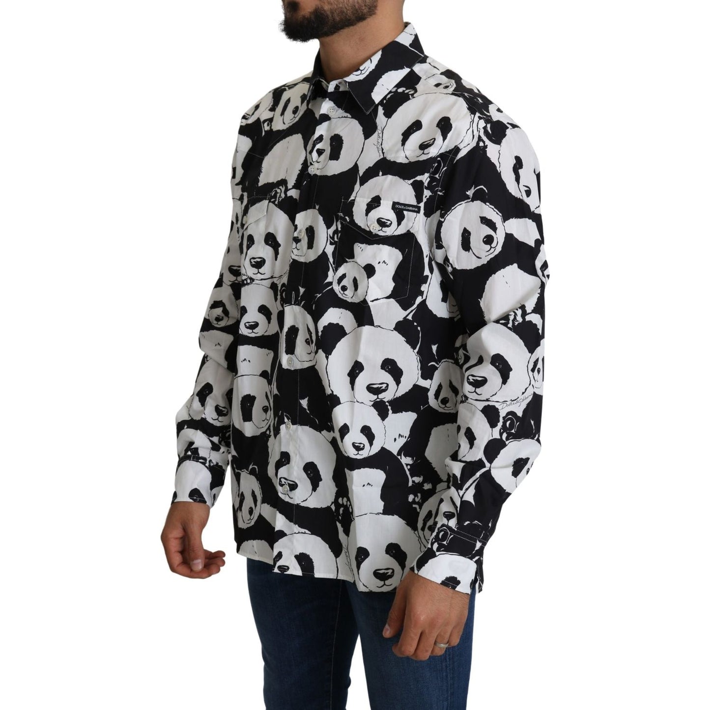 Dolce & Gabbana Panda Print Pure Cotton Shirt - Black White black-panda-mens-casual-100-cotton-shirt