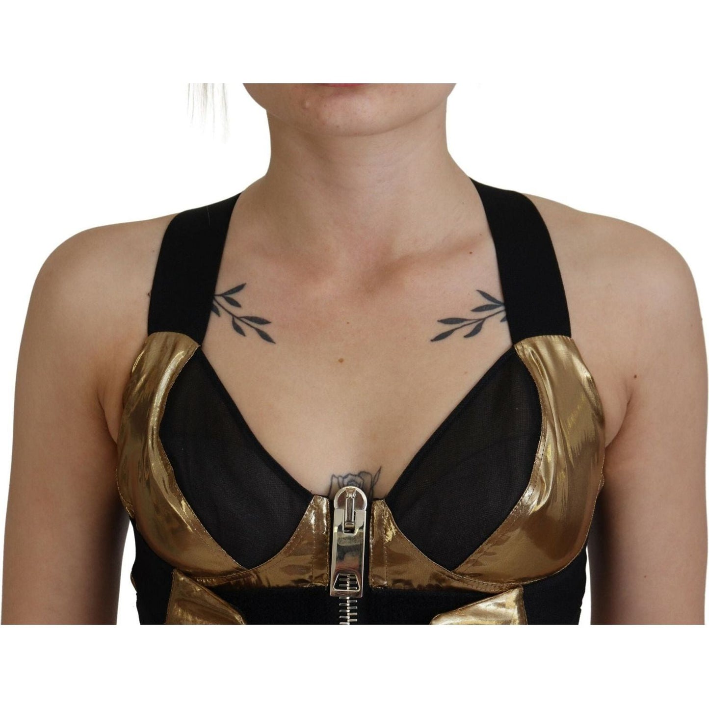 Dolce & Gabbana Elegant Cropped Top with Front Zipper black-gold-sleeveless-cropped-bustier-top
