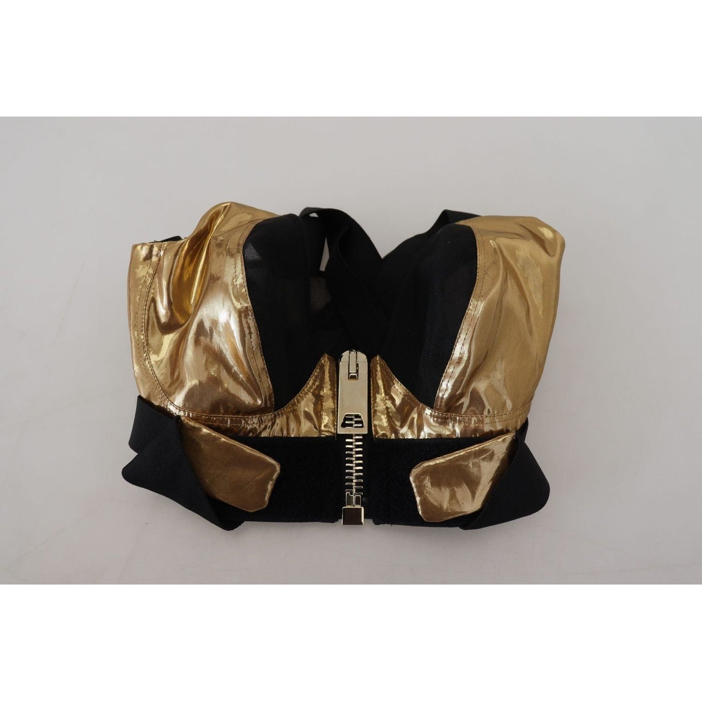 Dolce & Gabbana Elegant Cropped Top with Front Zipper black-gold-sleeveless-cropped-bustier-top