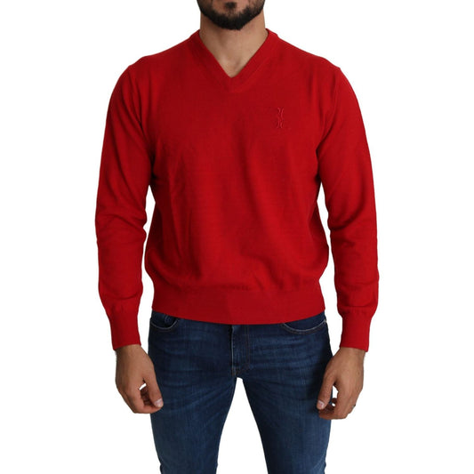 Billionaire Italian Couture Iconic Embroidered Red Wool Sweater red-v-neck-wool-sweatshirt-pullover-sweater