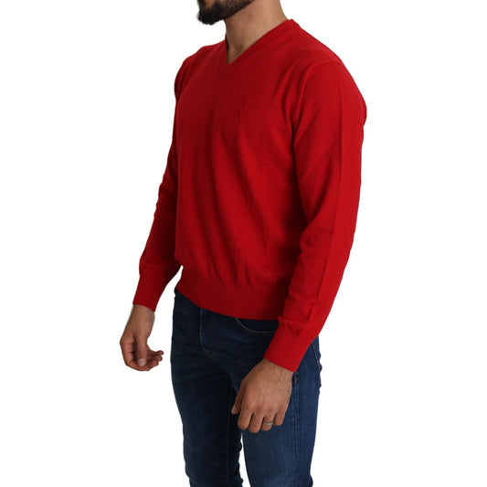 Billionaire Italian Couture Iconic Embroidered Red Wool Sweater red-v-neck-wool-sweatshirt-pullover-sweater