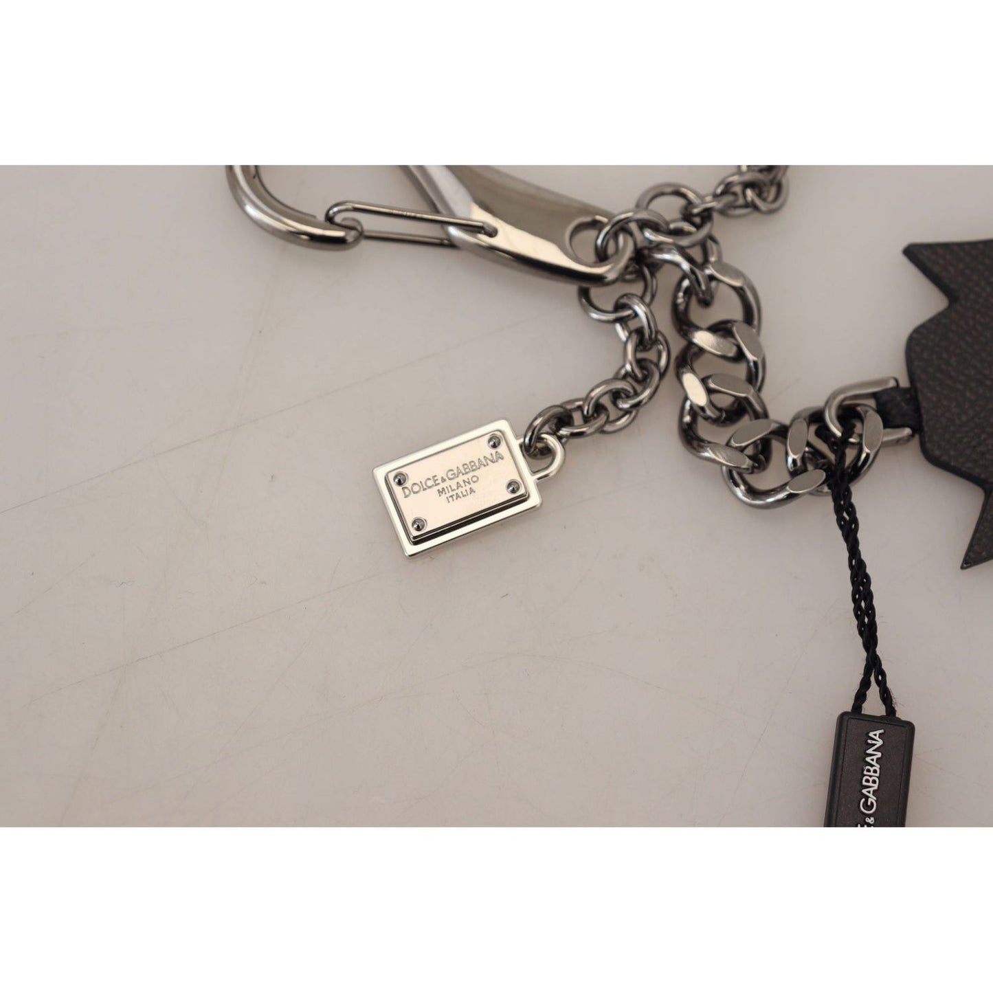 Dolce & Gabbana Elegant Silver and Black Designer Keychain black-prince-studs-logo-silver-brass-keychain