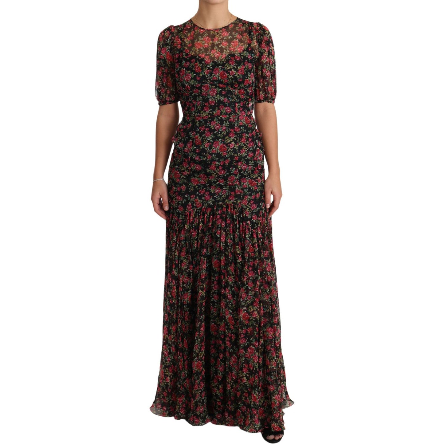 Dolce & Gabbana Elegant Black Silk Floral A-Line Gown black-floral-roses-a-line-shift-gown-dress IMG_9951-2-scaled.jpg