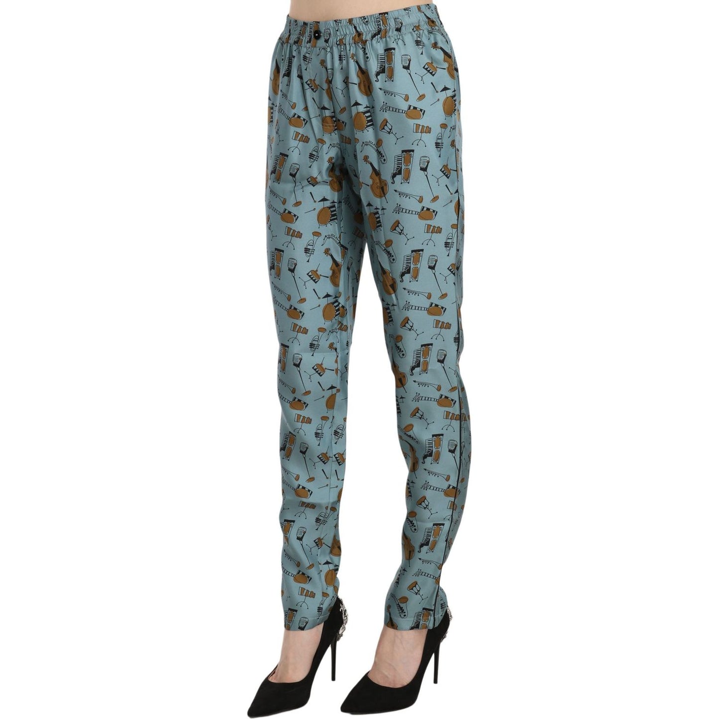 Dolce & Gabbana High Waist Tapered Silk Pants in Blue Print blue-musical-instruments-print-tapered-pants