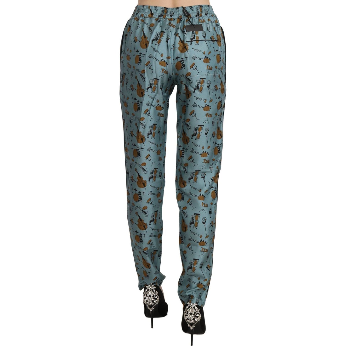 Dolce & Gabbana High Waist Tapered Silk Pants in Blue Print blue-musical-instruments-print-tapered-pants