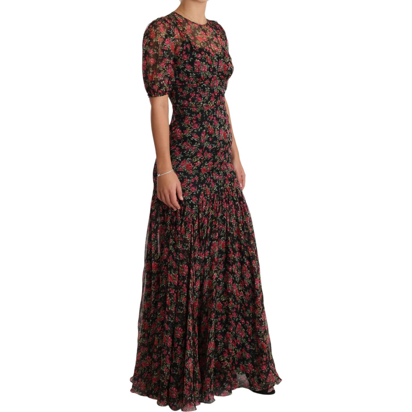 Dolce & Gabbana Elegant Black Silk Floral A-Line Gown black-floral-roses-a-line-shift-gown-dress IMG_9952-1-scaled.jpg