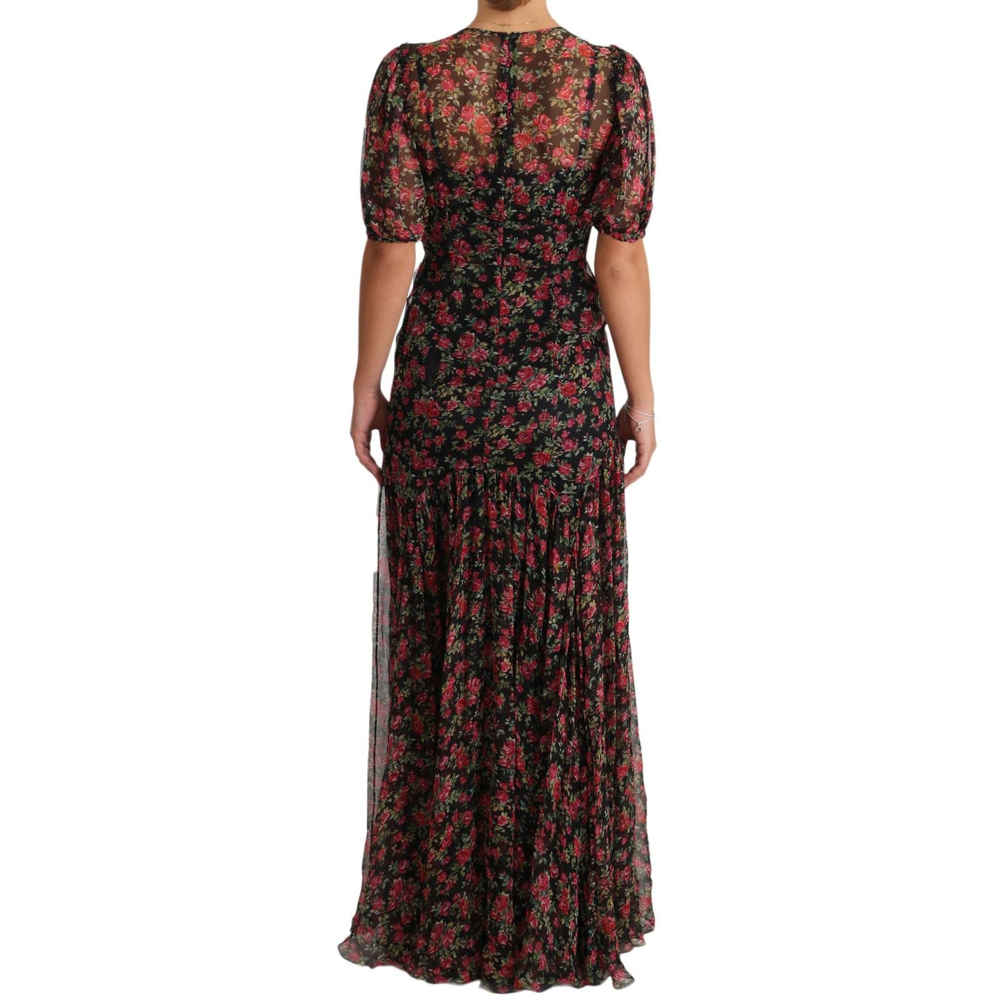 Dolce & Gabbana Elegant Black Silk Floral A-Line Gown black-floral-roses-a-line-shift-gown-dress IMG_9954-2-scaled.jpg