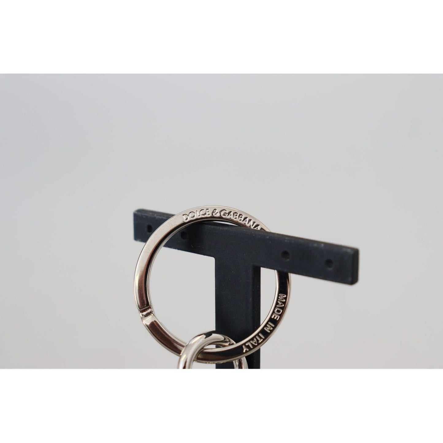 Dolce & Gabbana Elegant Black Charm Keychain with Brass Accents black-polyester-logo-silver-tone-brass-keychain