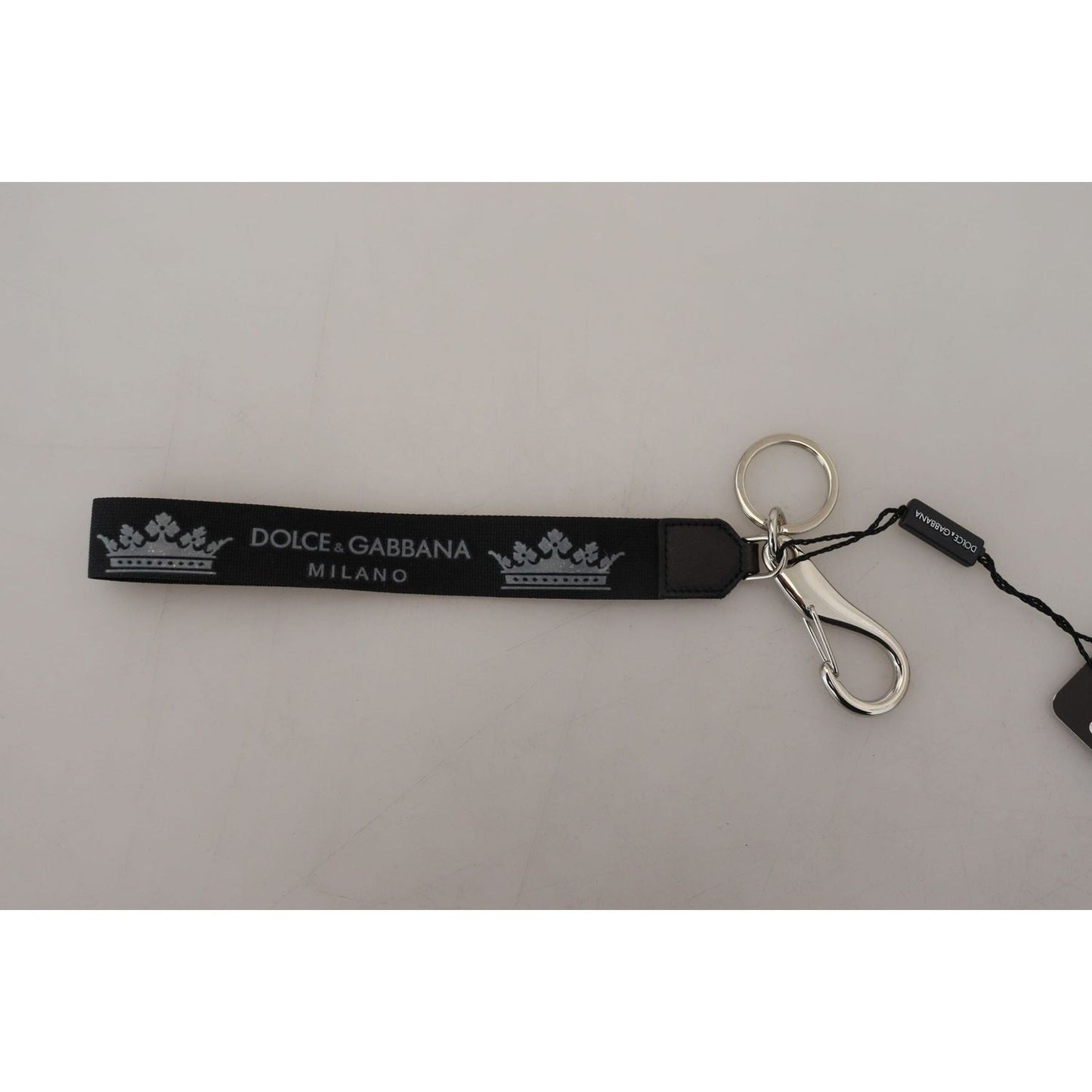 Dolce & Gabbana Elegant Black Charm Keychain with Brass Accents black-polyester-logo-silver-tone-brass-keychain