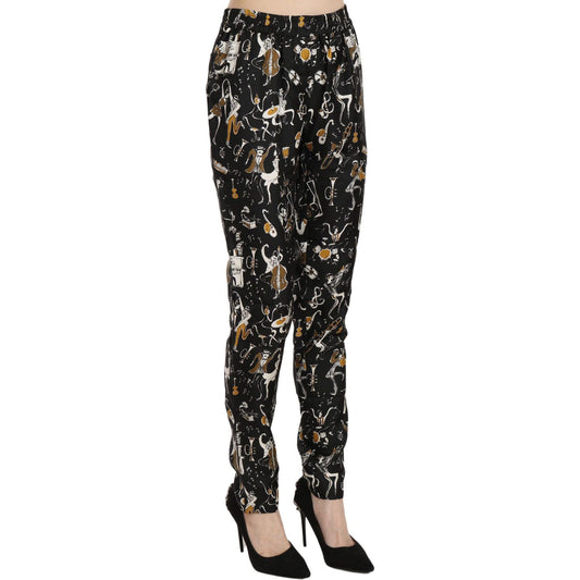 Dolce & Gabbana Elegant High Waist Tapered Silk Pants Jeans & Pants black-jazz-club-print-high-waist-tapered-pants