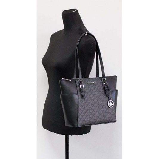 Michael Kors | Charlotte Black PVC Leather Large Top Zip Tote Handbag Bag Purse| McRichard Designer Brands   