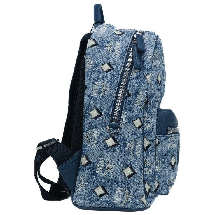 MCM Stark Small Blue Vintage Jacquard Monogram Logo Fabric Backpack Bookbag WOMAN BACKPACKS stark-small-blue-vintage-jacquard-monogram-logo-fabric-backpack-bookbag