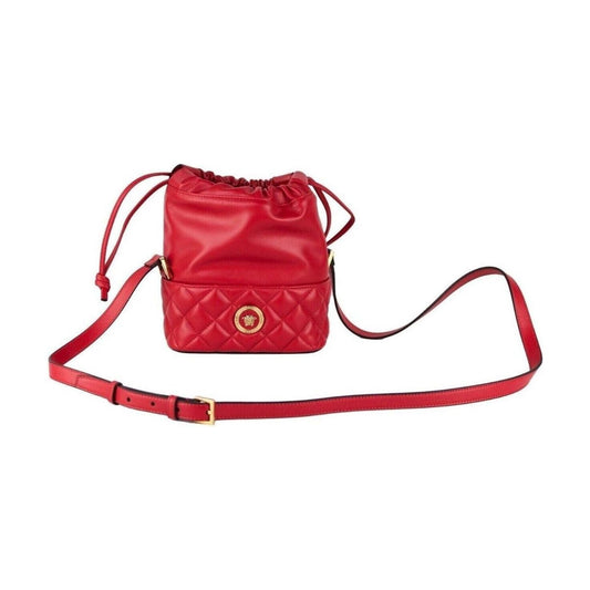 Versace Red Quilted Leather Drawstring Shoulder Bag Bucket Crossbody Handbag red-quilted-leather-drawstring-shoulder-bag-bucket-crossbody-handbag