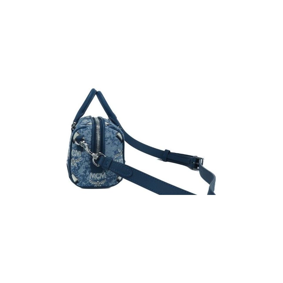 MCM Boston Mini Blue Vintage Jacquard Logo Fabric Satchel Crossbody Handbag Crossbody Bag boston-mini-blue-vintage-jacquard-logo-fabric-satchel-crossbody-handbag