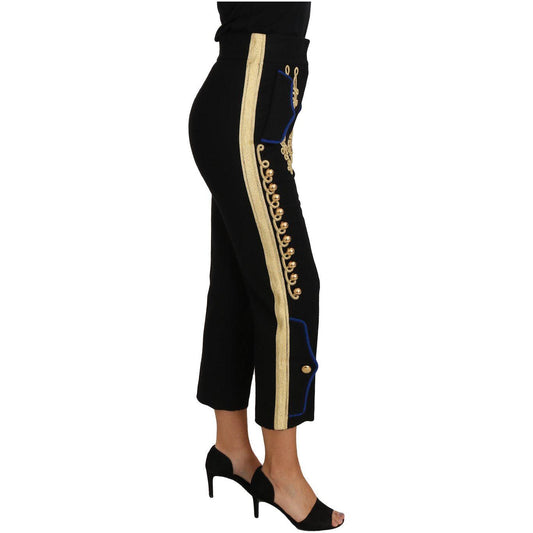 Dolce & Gabbana Elegant Black Military Embellished Pants military-embellished-pants-black-gold-dress-pant