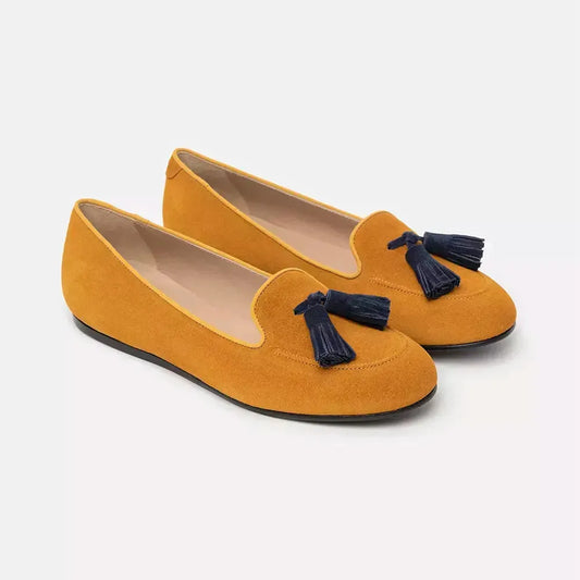 Charles Philip Chic Ocher Suede Moccasins with Tassel Detail yellow-flat-shoe