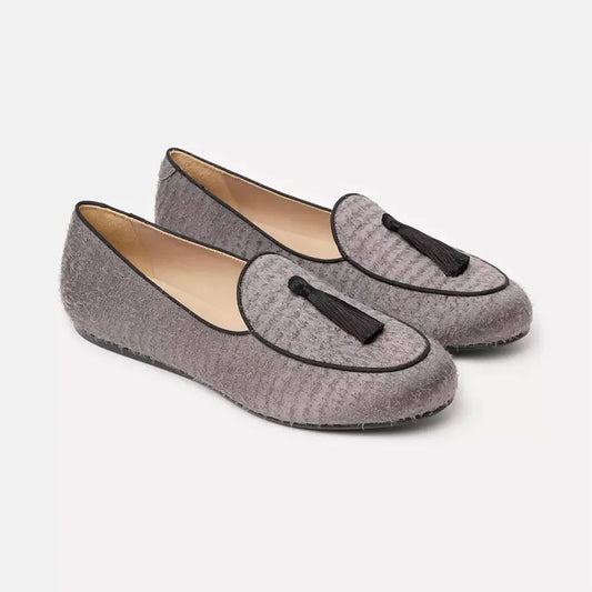 Charles Philip Elegant Gray Silk Fabric Loafers with Cotton Tassel gray-leather-moccasin-1