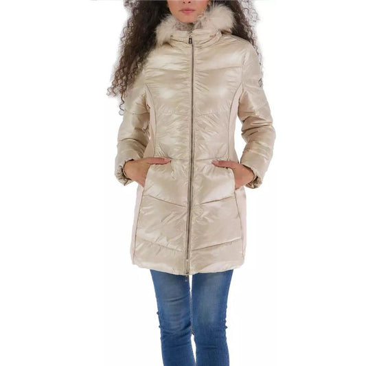 Yes Zee Elegant Beige Padded Jacket with Fur Hood beige-polyamide-jacket-coat