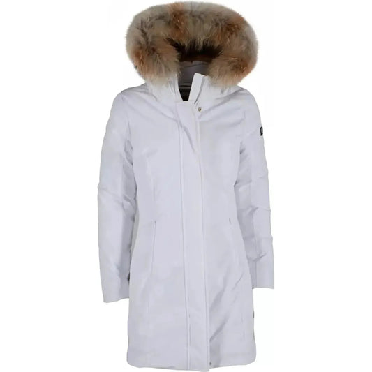 Yes Zee Elegant White Goose Down Jacket with Fur Hood white-nylon-jackets-coat
