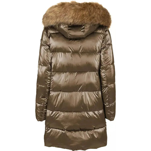 Imperfect Elegant Long Down Jacket with Eco-Fur Hood brown-polyamide-jackets-coat-5