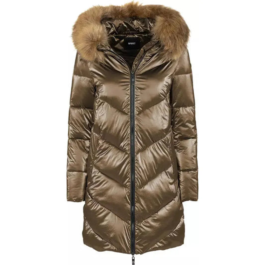 Imperfect Elegant Long Down Jacket with Eco-Fur Hood brown-polyamide-jackets-coat-5