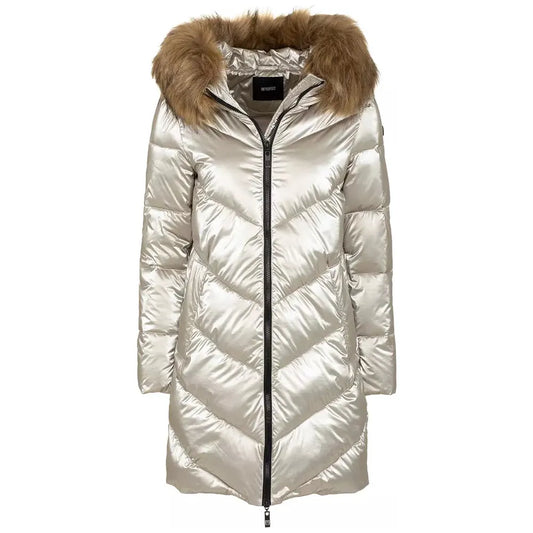Imperfect Elegant Long Down Jacket with Eco-Fur Hood grey-polyamide-jackets-coat