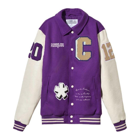 Comme Des Fuckdown Purple Varsity Bomber Jacket with Eco-Leather Sleeves purple-cotton-jacket