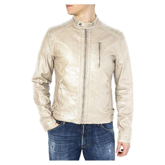 Yes Zee Beige Eco-Leather Jacket with Zip and Button Closure beige-polyethylene-jacket