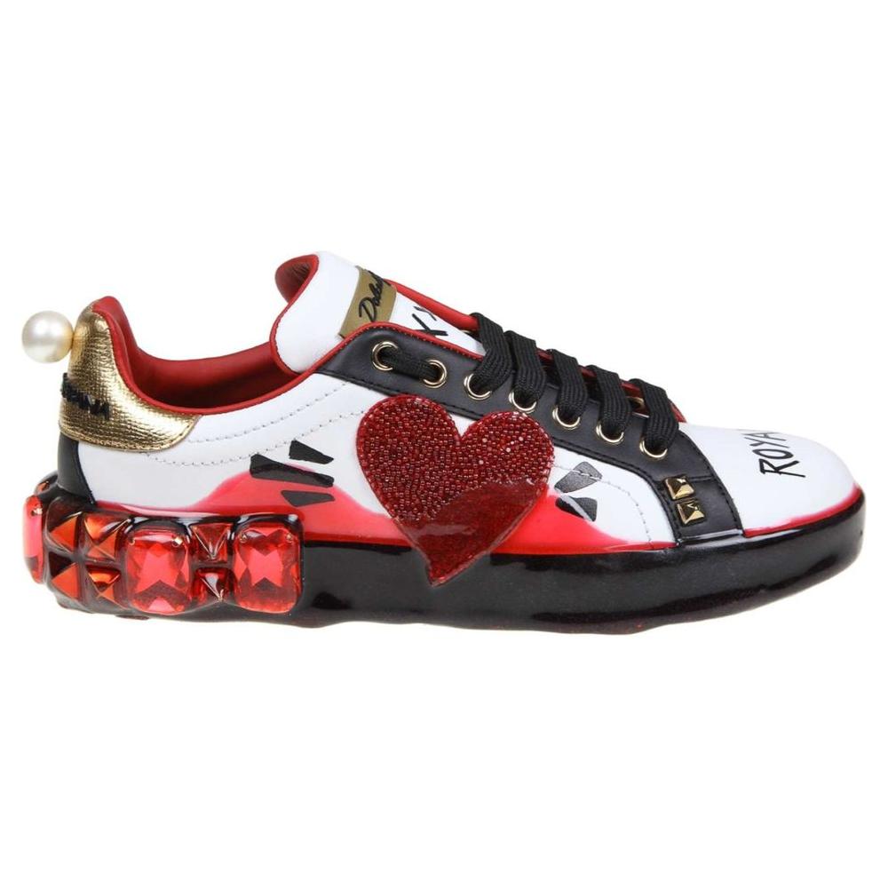 Dolce & Gabbana Elegant Leather Sneakers with Rhinestone Hearts white-leather-di-calfskin-sneaker