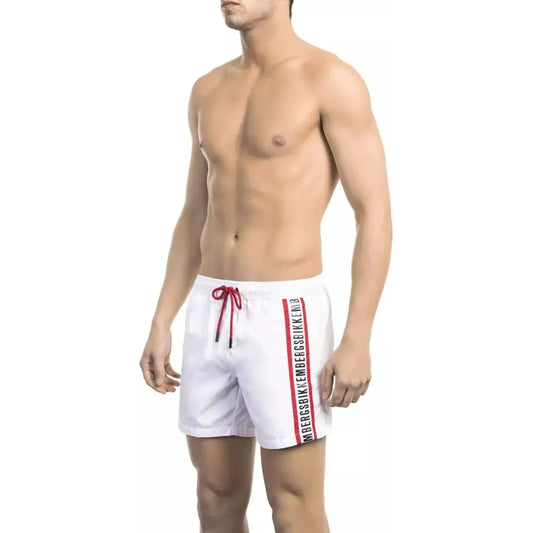 Bikkembergs Elegant White Swim Shorts with Iconic Tape Detail white-polyamide-swimwear