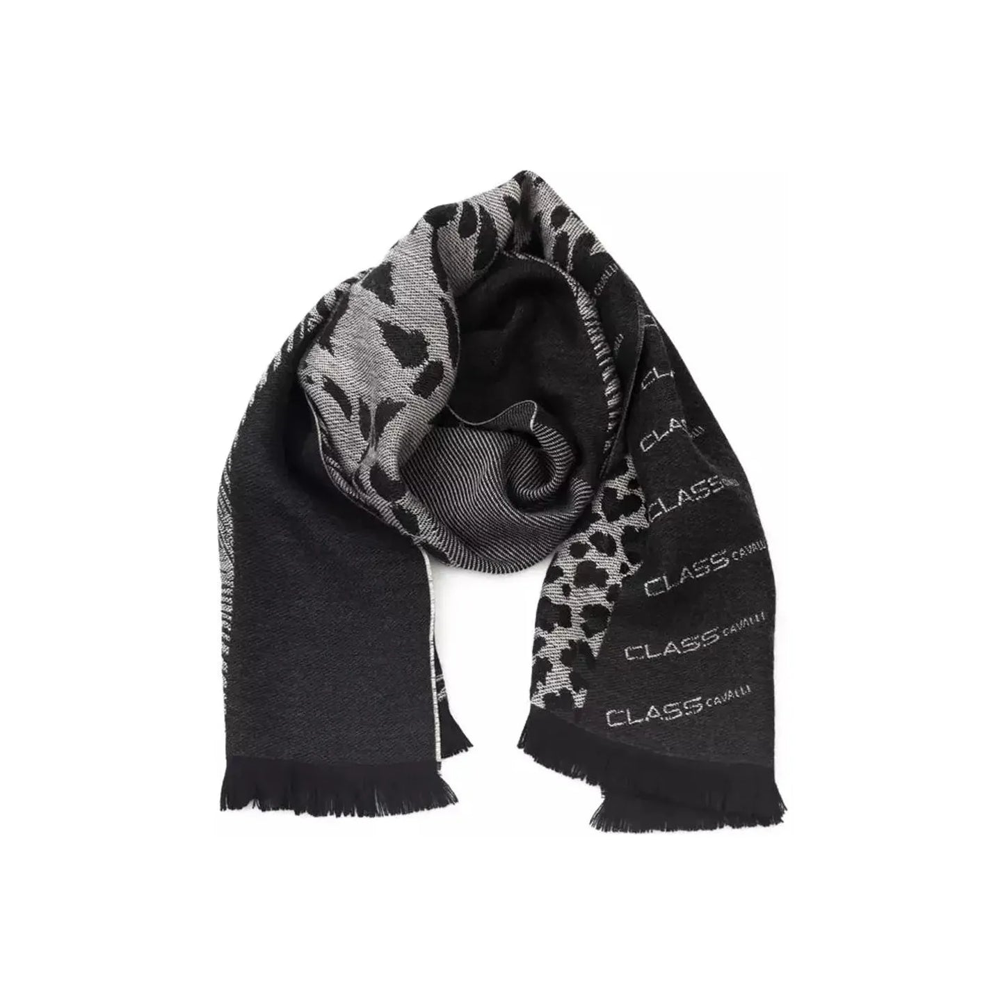 Cavalli Class Elegant Animalier Fantasy Logo Scarf Scarves black-wool-scarf