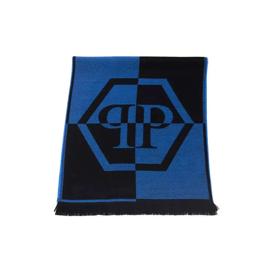 Philipp Plein Elegant Fringed Logo Scarf in Blue Wool Wrap Shawl Scarf blue-wool-scarf-7