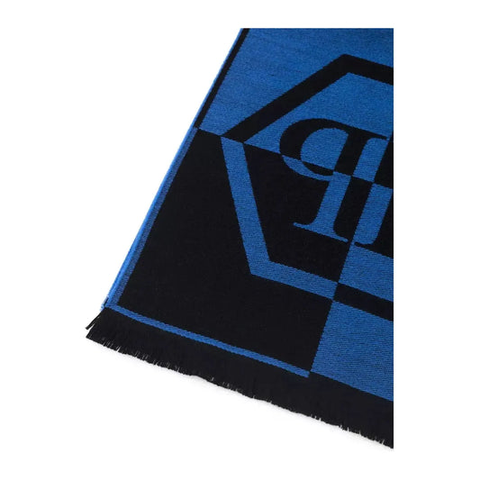 Philipp Plein Elegant Fringed Logo Scarf in Blue blue-wool-scarf-7 Wool Wrap Shawl Scarf product-22231-607210794-25-efca3f16-3bb.webp