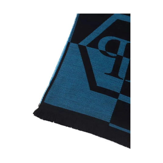 Philipp Plein Elegant Fringed Blue Wool-Blend Scarf Wool Wrap Shawl Scarf blue-wool-scarf-6