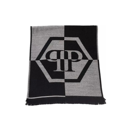 Philipp Plein Chic Gray Fringed Logo Scarf grey-wool-scarf-4 Wool Wrap Shawl Scarf