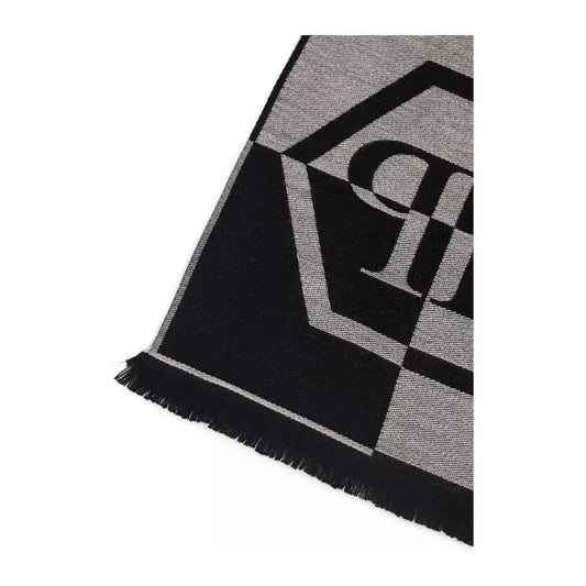 Philipp Plein Chic Gray Fringed Logo Scarf Wool Wrap Shawl Scarf grey-wool-scarf-4