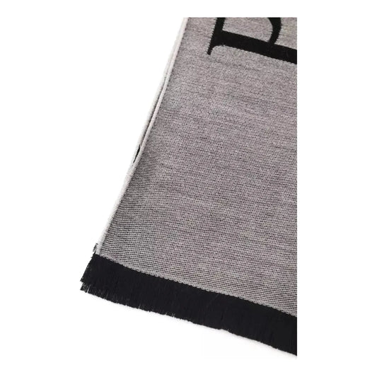Philipp Plein Chic Gray Fringed Logo Scarf grey-wool-scarf-3 Wool Wrap Shawl Scarf