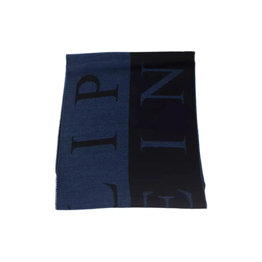 Philipp Plein Elegant Blue Wool-Blend Fringed Scarf Wool Wrap Shawl Scarf blue-wool-scarf-5