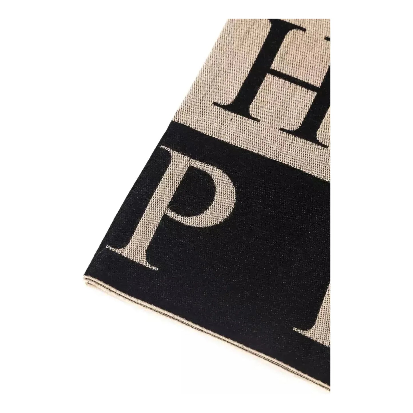 Philipp Plein Beige Logo Scarf with Fringed Hems Wool Wrap Shawl Scarf beige-wool-scarf-2